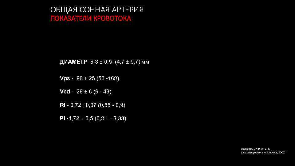 ОБЩАЯ СОННАЯ АРТЕРИЯ ПОКАЗАТЕЛИ КРОВОТОКА ДИАМЕТР 6, 3 ± 0, 9 (4, 7 ±