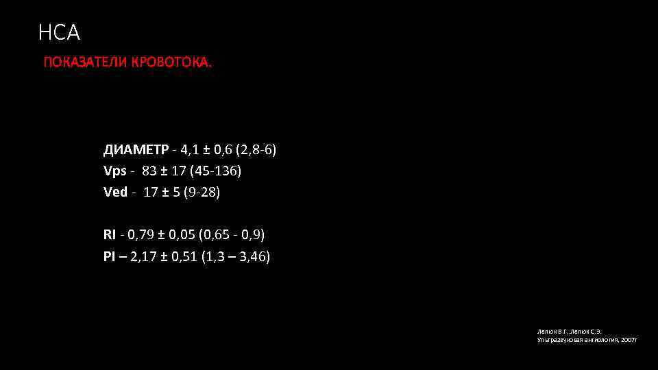 НСА ПОКАЗАТЕЛИ КРОВОТОКА. ДИАМЕТР - 4, 1 ± 0, 6 (2, 8 -6) Vps