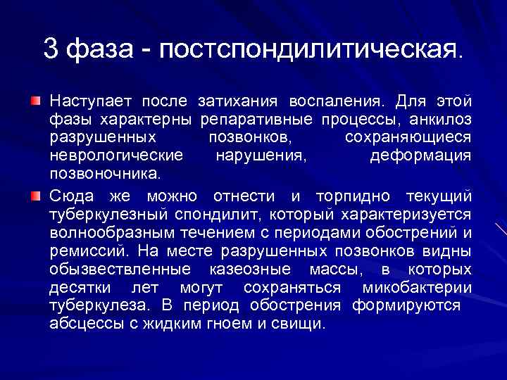 3 фаза - постспондилитическая. Наступает после затихания воспаления. Для этой фазы характерны репаративные процессы,