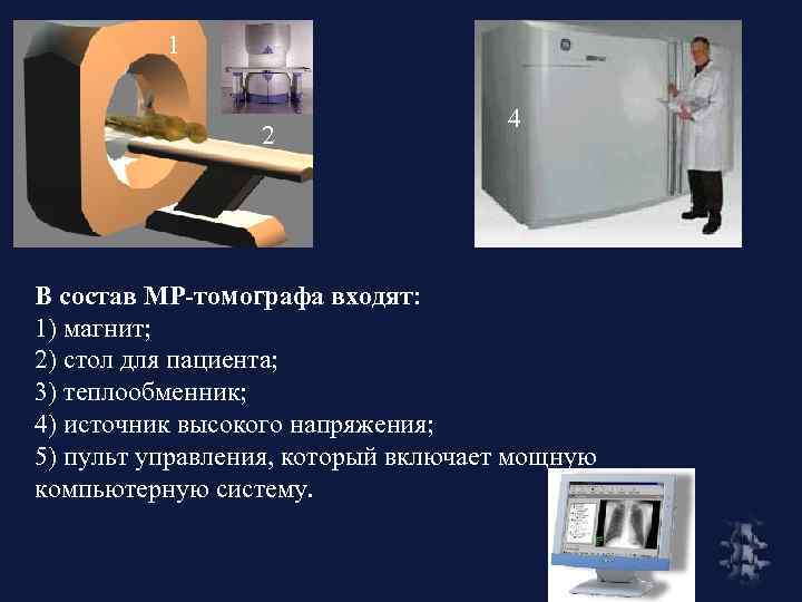 1 2 4 В состав МР-томографа входят: 1) магнит; 2) стол для пациента; 3)