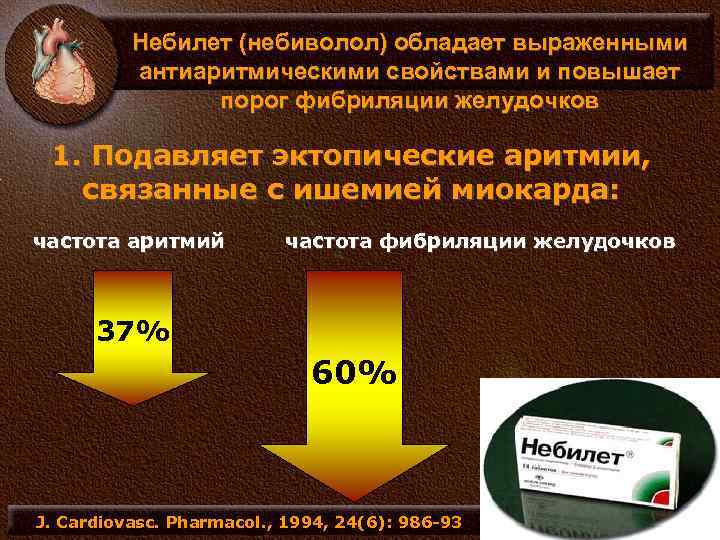 Небилет (небиволол) обладает выраженными антиаритмическими свойствами и повышает порог фибриляции желудочков 1. Подавляет эктопические