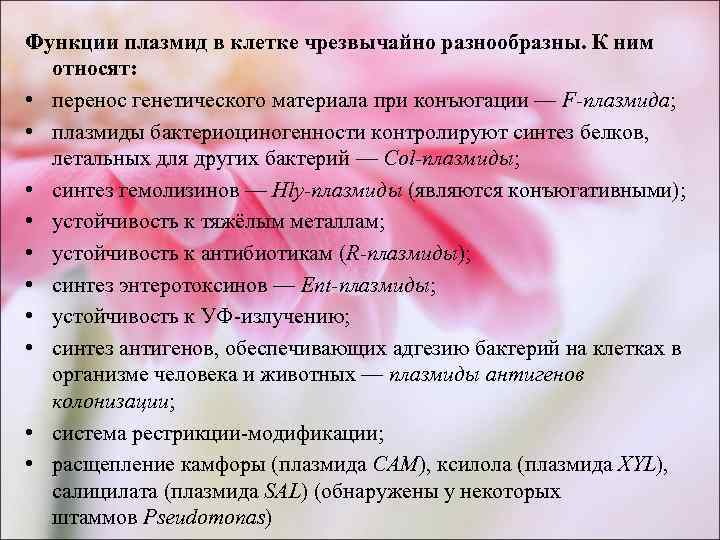 Функции плазмид в клетке чрезвычайно разнообразны. К ним  относят:  • перенос генетического