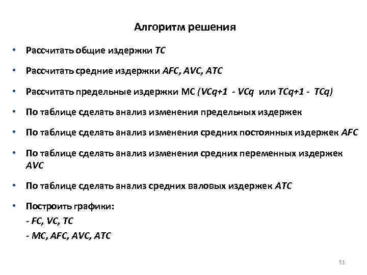 Алгоритм решения • Рассчитать общие издержки ТС • Рассчитать средние издержки AFC, AVC, ATC