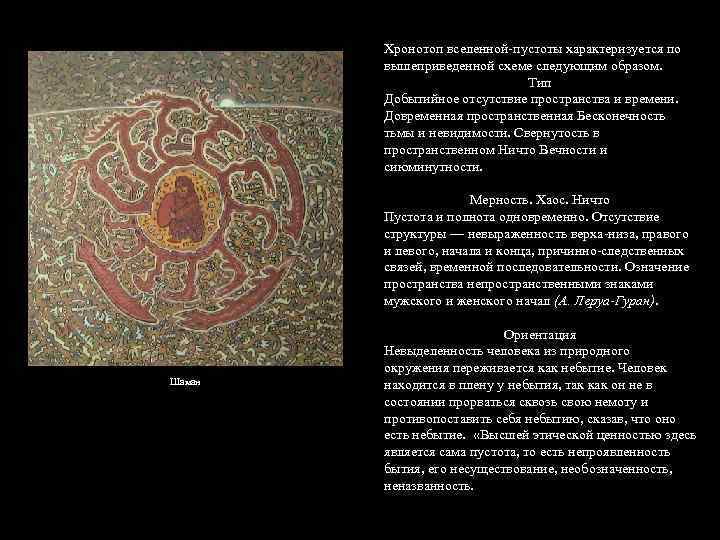 Хронотоп вселенной-пустоты характеризуется по вышеприведенной схеме следующим образом. Тип Добытийное отсутствие пространства и времени.