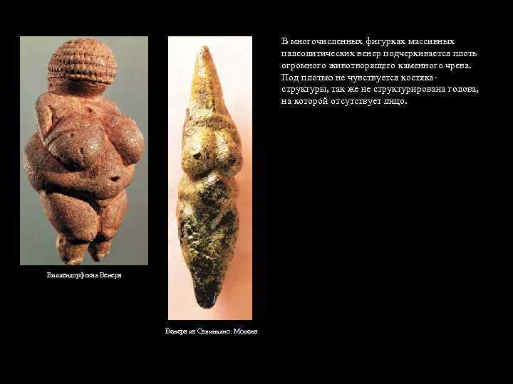 В многочисленных фигурках массивных палеолитических венер подчеркивается плоть огромного животворящего каменного чрева. Под плотью