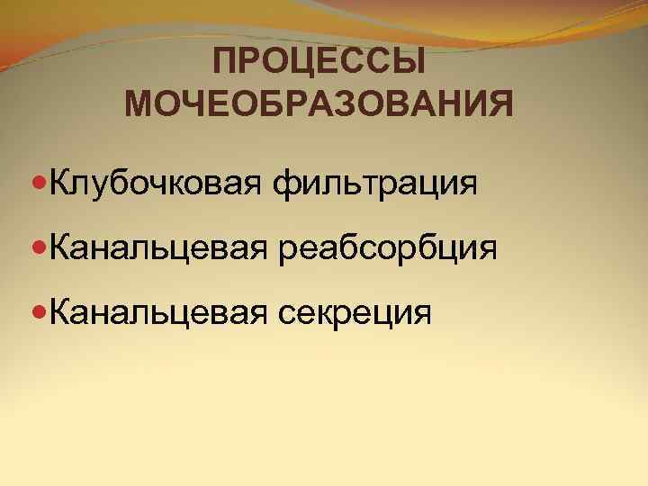   ПРОЦЕССЫ МОЧЕОБРАЗОВАНИЯ  Клубочковая фильтрация Канальцевая реабсорбция Канальцевая секреция 