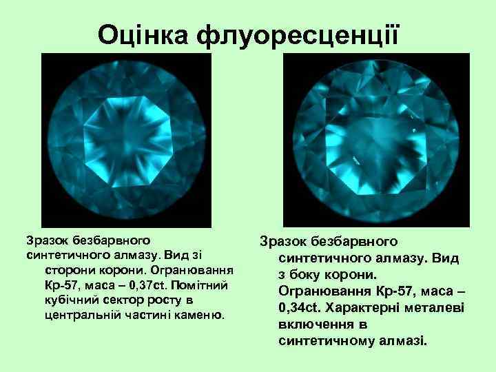 Оцінка флуоресценції Зразок безбарвного синтетичного алмазу. Вид зі сторони корони. Огранювання Кр 57, маса