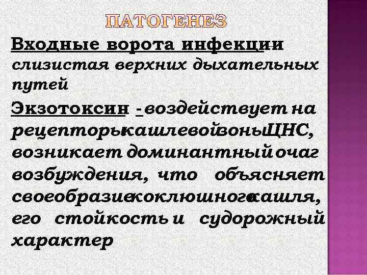 Входные ворота инфекции    – слизистая верхних дыхательных путей Экзотоксин -воздействует на