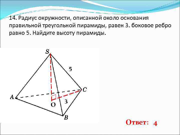 14. Радиус окружности, описанной около основания правильной треугольной пирамиды, равен 3. боковое ребро равно