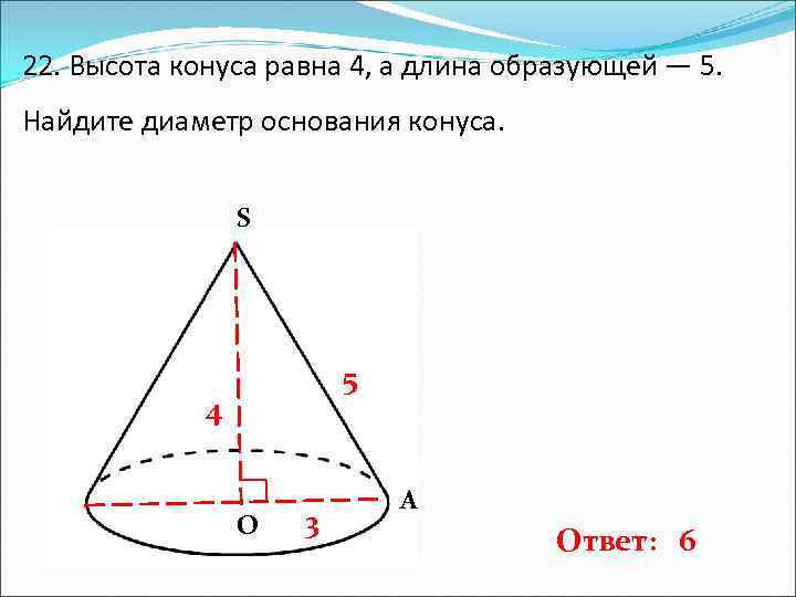 22. Высота конуса равна 4, а длина образующей — 5. Найдите диаметр основания конуса.