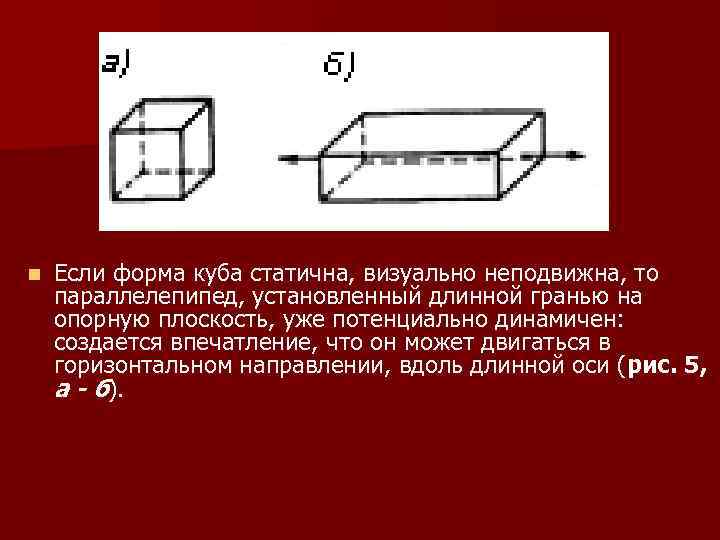 n Если форма куба статична, визуально неподвижна, то параллелепипед, установленный длинной гранью на опорную
