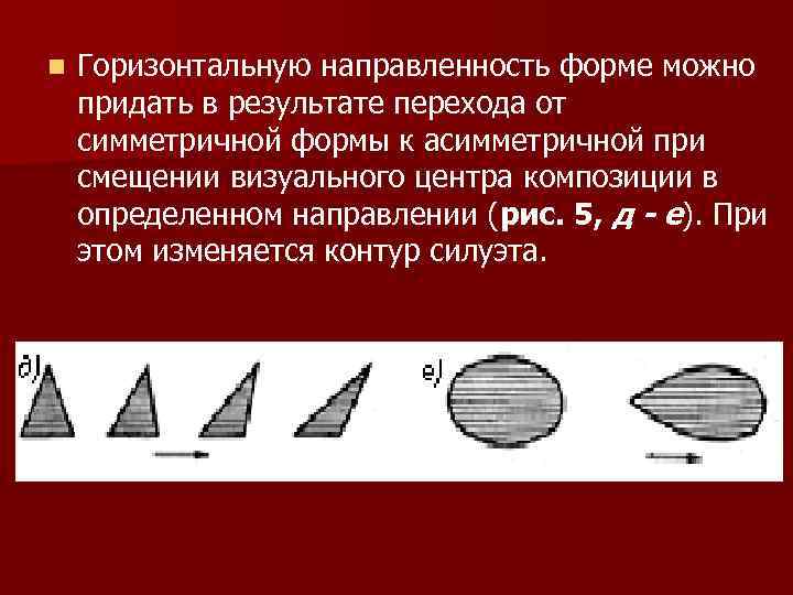 n Горизонтальную направленность форме можно придать в результате перехода от симметричной формы к асимметричной