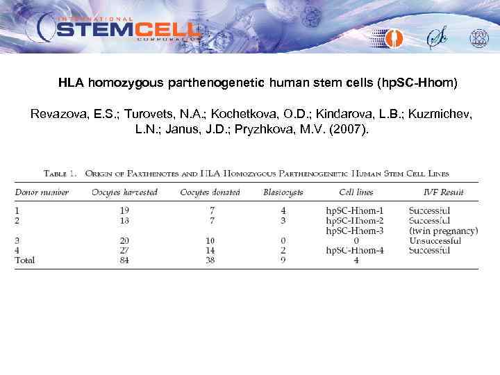 HLA homozygous parthenogenetic human stem cells (hp. SC-Hhom) Revazova, E. S. ; Turovets, N.