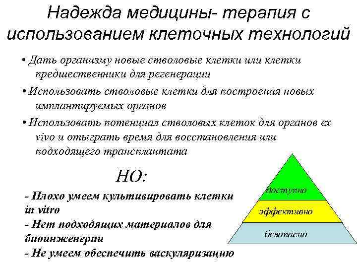 Надежда медицины- терапия с использованием клеточных технологий • Дать организму новые стволовые клетки или