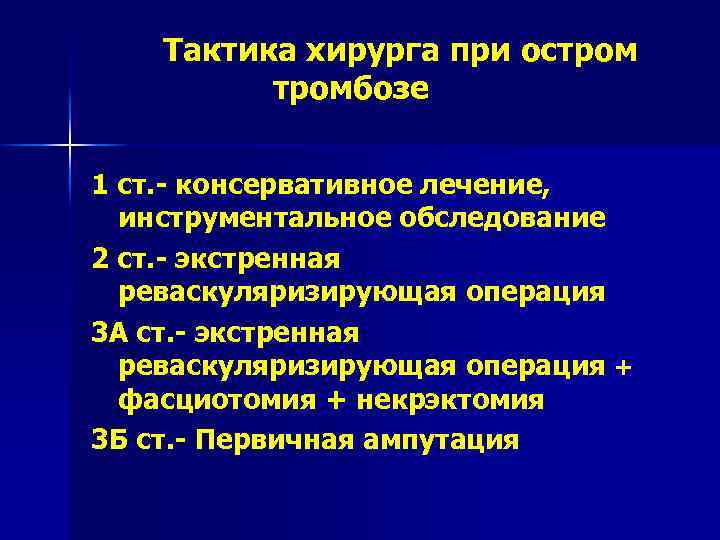 Тактика хирурга при остромбозе 1 ст. - консервативное лечение, инструментальное обследование 2 ст. -