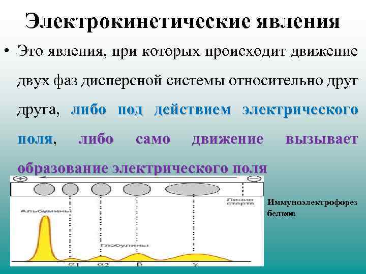 Электрокинетические явления • Это явления, при которых происходит движение двух фаз дисперсной системы относительно