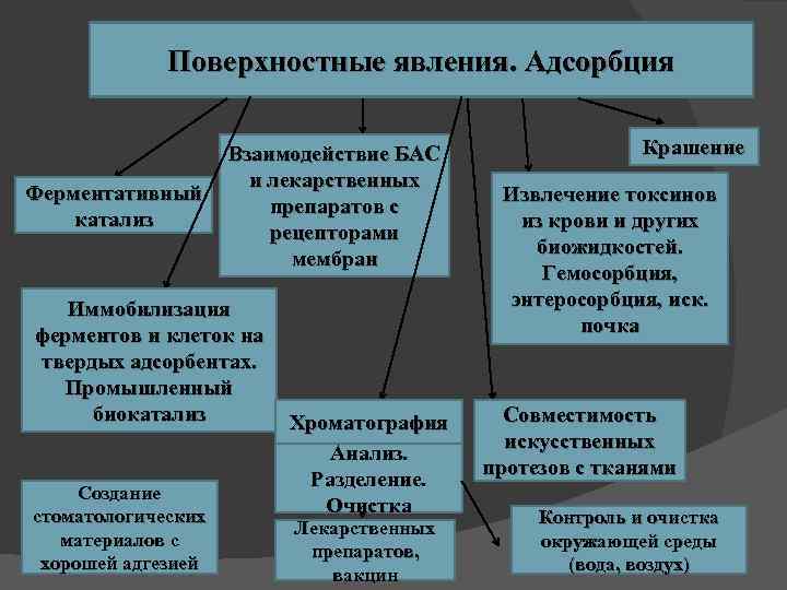 Поверхностные явления. Адсорбция Взаимодействие БАС и лекарственных Ферментативный препаратов с катализ рецепторами мембран Иммобилизация