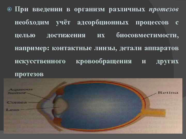  При введении в организм различных протезов необходим учёт адсорбционных процессов с целью достижения