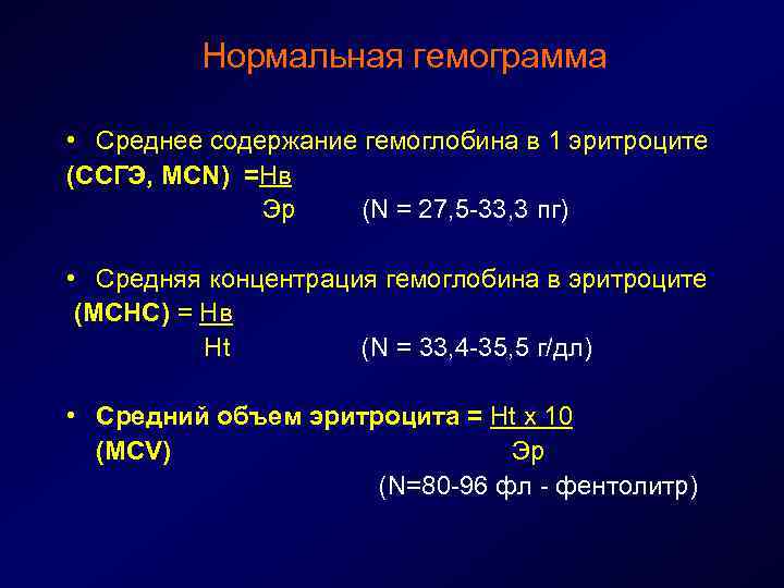Нормальная гемограмма • Среднее содержание гемоглобина в 1 эритроците (ССГЭ, МCN) =Нв Эр (N