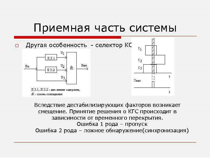 Приемная часть системы o Другая особенность - селектор КСГ: Вследствие дестабилизирующих факторов возникает смещение.
