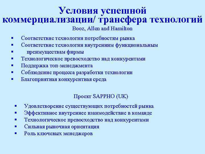 Условия успешной коммерциализации/ трансфера технологий Booz, Allen and Hamilton § § § § Соответствие