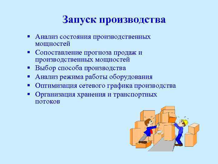 Запуск производства § Анализ состояния производственных мощностей § Сопоставление прогноза продаж и производственных мощностей