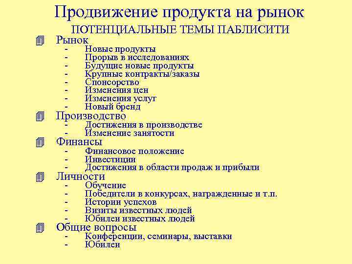 Продвижение продукта на рынок ПОТЕНЦИАЛЬНЫЕ ТЕМЫ ПАБЛИСИТИ 4 Рынок - Новые продукты Прорыв в