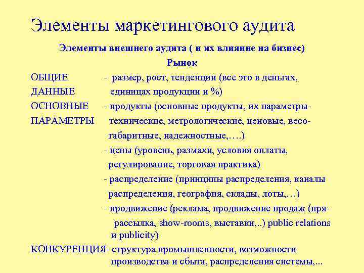 Элементы маркетингового аудита Элементы внешнего аудита ( и их влияние на бизнес) Рынок ОБЩИЕ