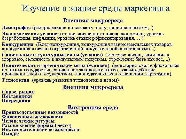 Изучение и знание среды маркетинга Внешняя макросреда Демография (распределение по возрасту, полу, национальностям, .