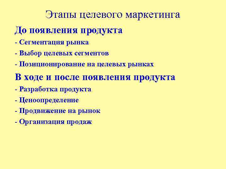 Этапы целевого маркетинга До появления продукта - Сегментация рынка - Выбор целевых сегментов -