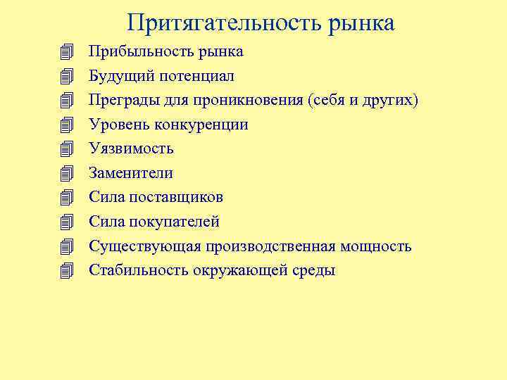 Притягательность рынка 4 Прибыльность рынка 4 Будущий потенциал 4 Преграды для проникновения (себя и