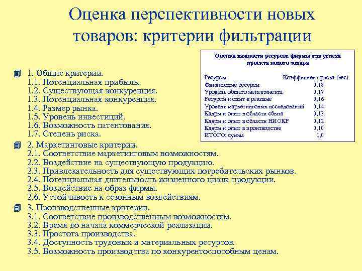 Оценка перспективности новых товаров: критерии фильтрации Оценка важности ресурсов фирмы для успеха проекта нового