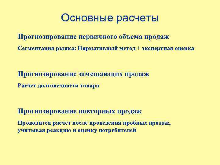 Основные расчеты Прогнозирование первичного объема продаж Сегментация рынка: Нормативный метод + экспертная оценка Прогнозирование