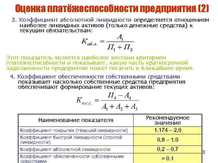 Оценка платёжеспособности предприятия (2) 3. Коэффициент абсолютной ликвидности определяется отношением наиболее ликвидных активов (только