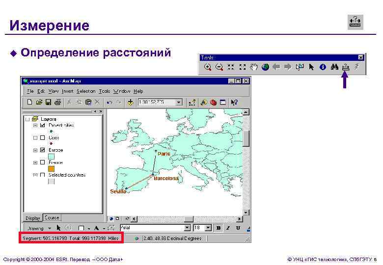  Измерение  u  Определение расстояний Copyright  2000 -2004 ESRI. Перевод –
