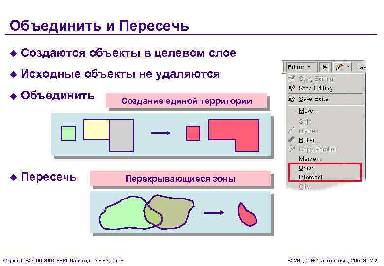Объединить и Пересечь u Создаются объекты в целевом слое u Исходные объекты не удаляются