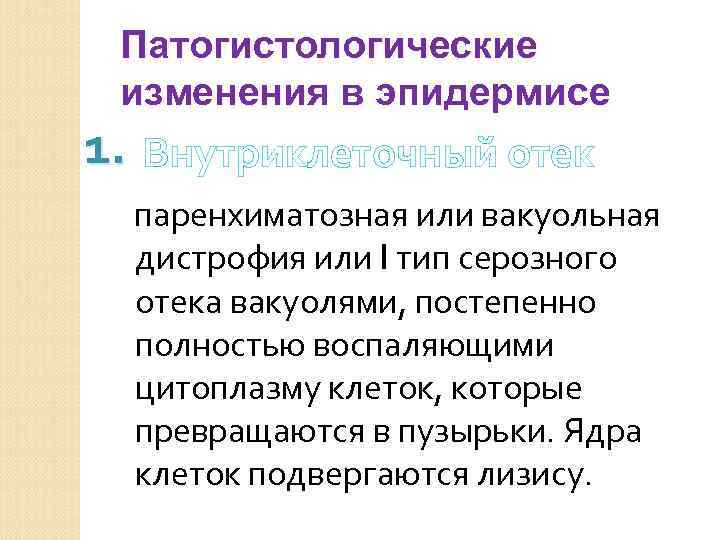 Патогистологические изменения в эпидермисе 1. Внутриклеточный отек паренхиматозная или вакуольная дистрофия или I тип