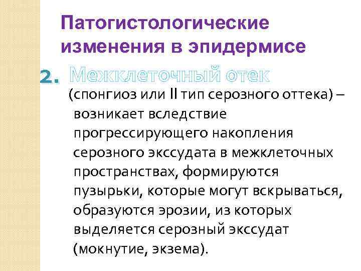Патогистологические изменения в эпидермисе 2. Межклеточный отек (спонгиоз или II тип серозного оттека) –