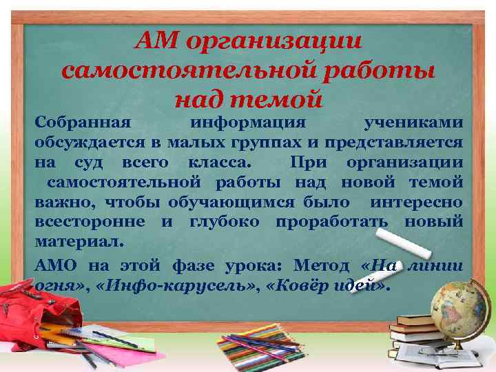 АМ организации самостоятельной работы над темой Собранная информация учениками обсуждается в малых группах и