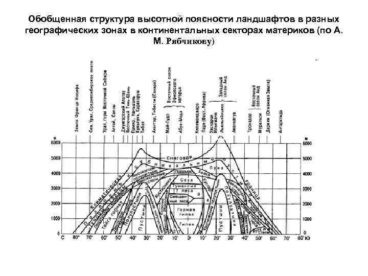 Обобщенная структура высотной поясности ландшафтов в разных географических зонах в континентальных секторах материков (по