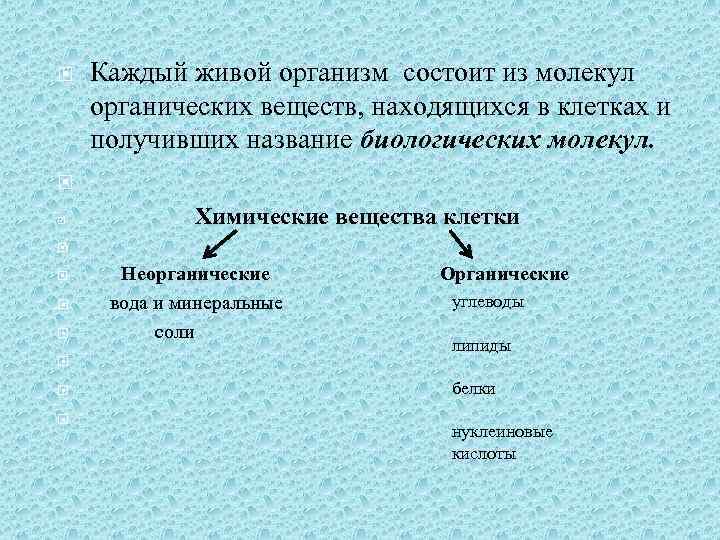  Каждый живой организм состоит из молекул органических веществ, находящихся в клетках и получивших