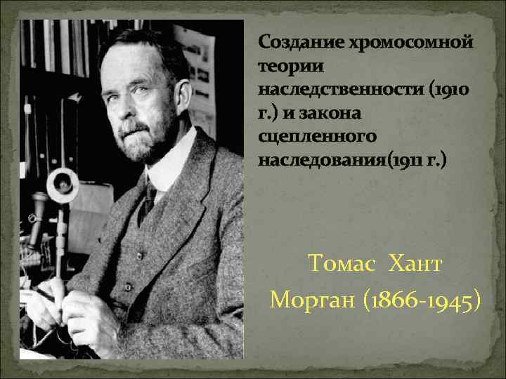 Создание хромосомной теории наследственности (1910 г. ) и закона сцепленного наследования(1911 г. ) Томас