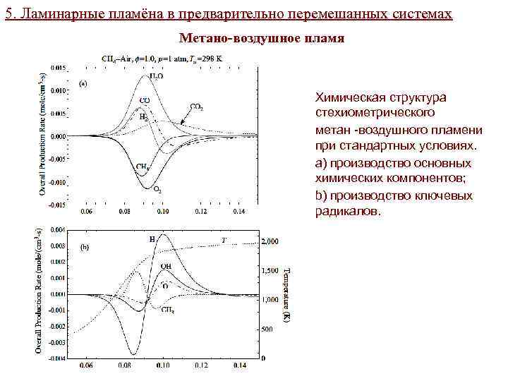5. Ламинарные пламёна в предварительно перемешанных системах Метано-воздушное пламя Химическая структура стехиометрического метан -воздушного