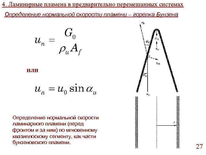 4. Ламинарные пламена в предварительно перемешанных системах Определение нормальной скорости пламени – горелка Бунзена