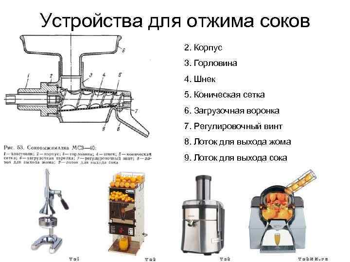 Устройства для отжима соков 2. Корпус 3. Горловина 4. Шнек 5. Коническая сетка 6.