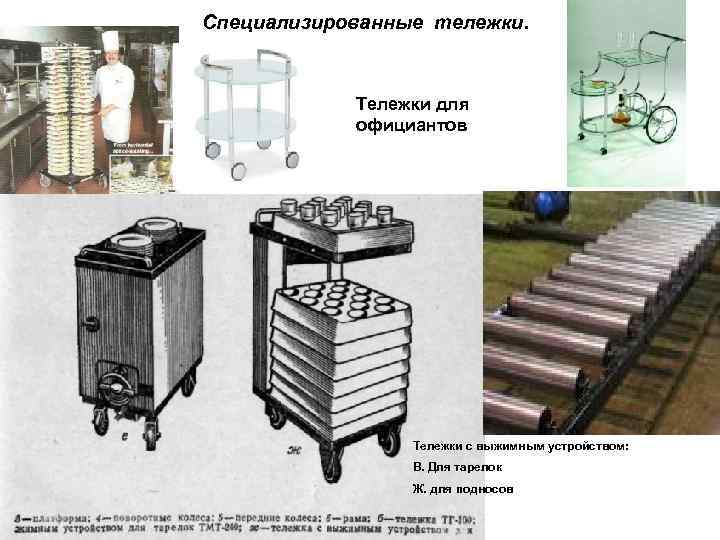 Специализированные тележки. Тележки для официантов Тележки с выжимным устройством: В. Для тарелок Ж. для