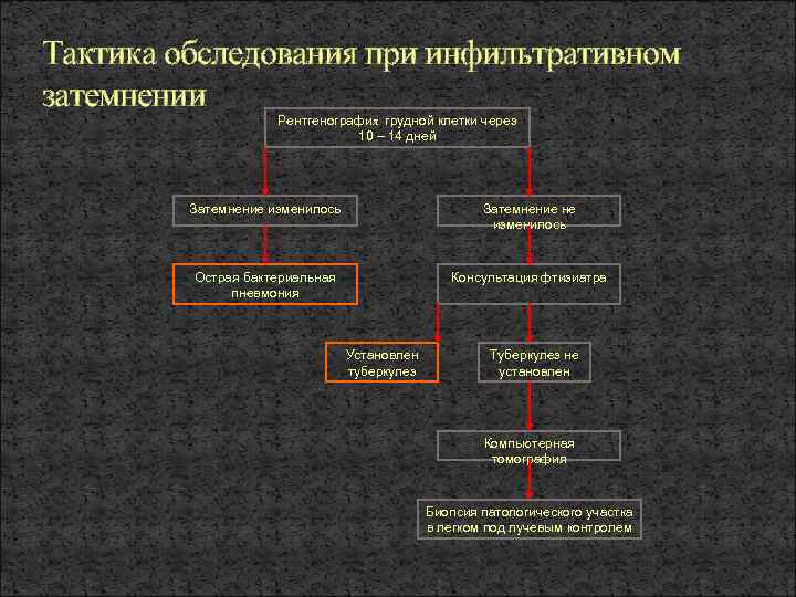Тактика обследования при инфильтративном затемнении Рентгенография грудной клетки через 10 – 14 дней Затемнение