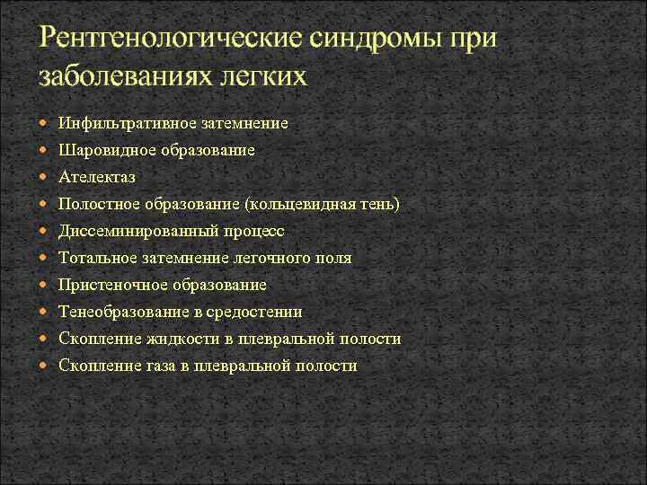 Рентгенологические синдромы при заболеваниях легких Инфильтративное затемнение Шаровидное образование Ателектаз Полостное образование (кольцевидная тень)
