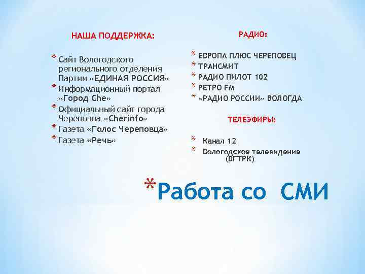 РАДИО: НАША ПОДДЕРЖКА: * Сайт Вологодского регионального отделения Партии «ЕДИНАЯ РОССИЯ» * Информационный портал