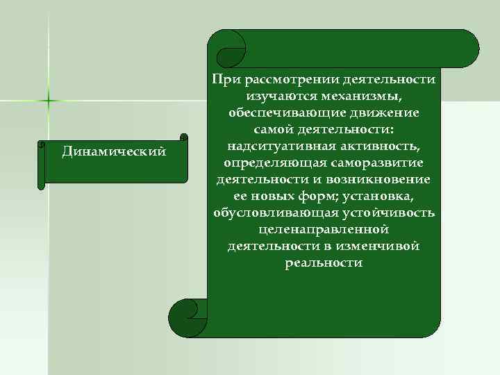 Динамический При рассмотрении деятельности изучаются механизмы, обеспечивающие движение самой деятельности: надситуативная активность, определяющая саморазвитие